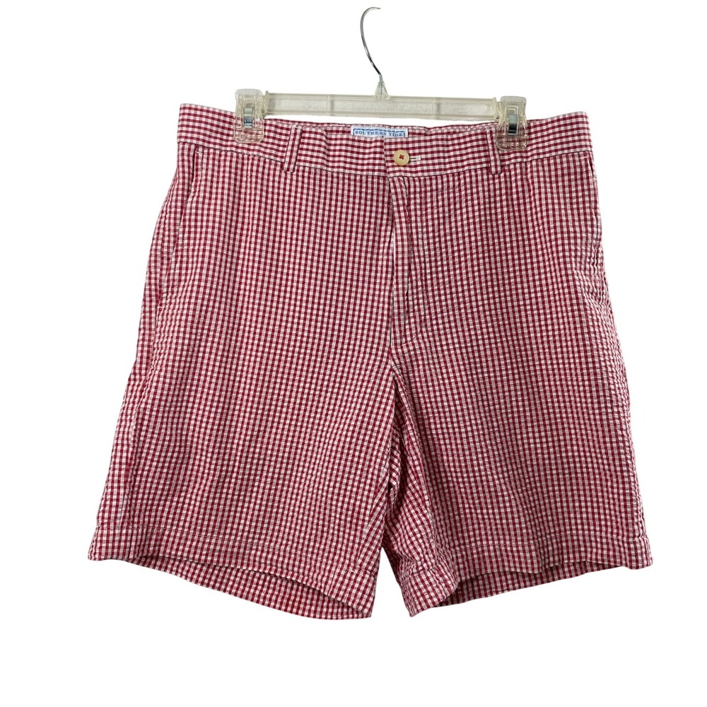 Southern Tide Shorts Mens Sz 34 Red White Gingham Seersucker Vacation 8" Inseam
